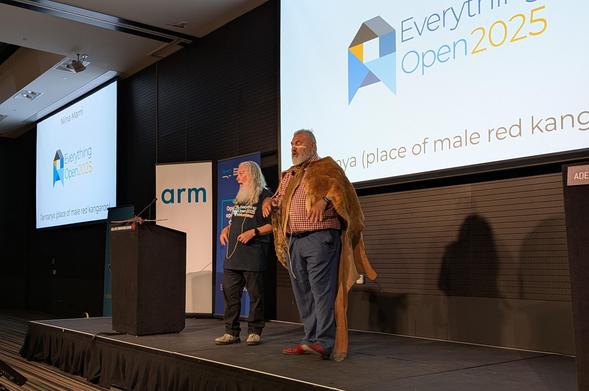 Michael O'Brien (right) welcomes delegates to Tarndanya, assisted by Ian Loxton (left). CC-BY Kathy Reid, used with permission.